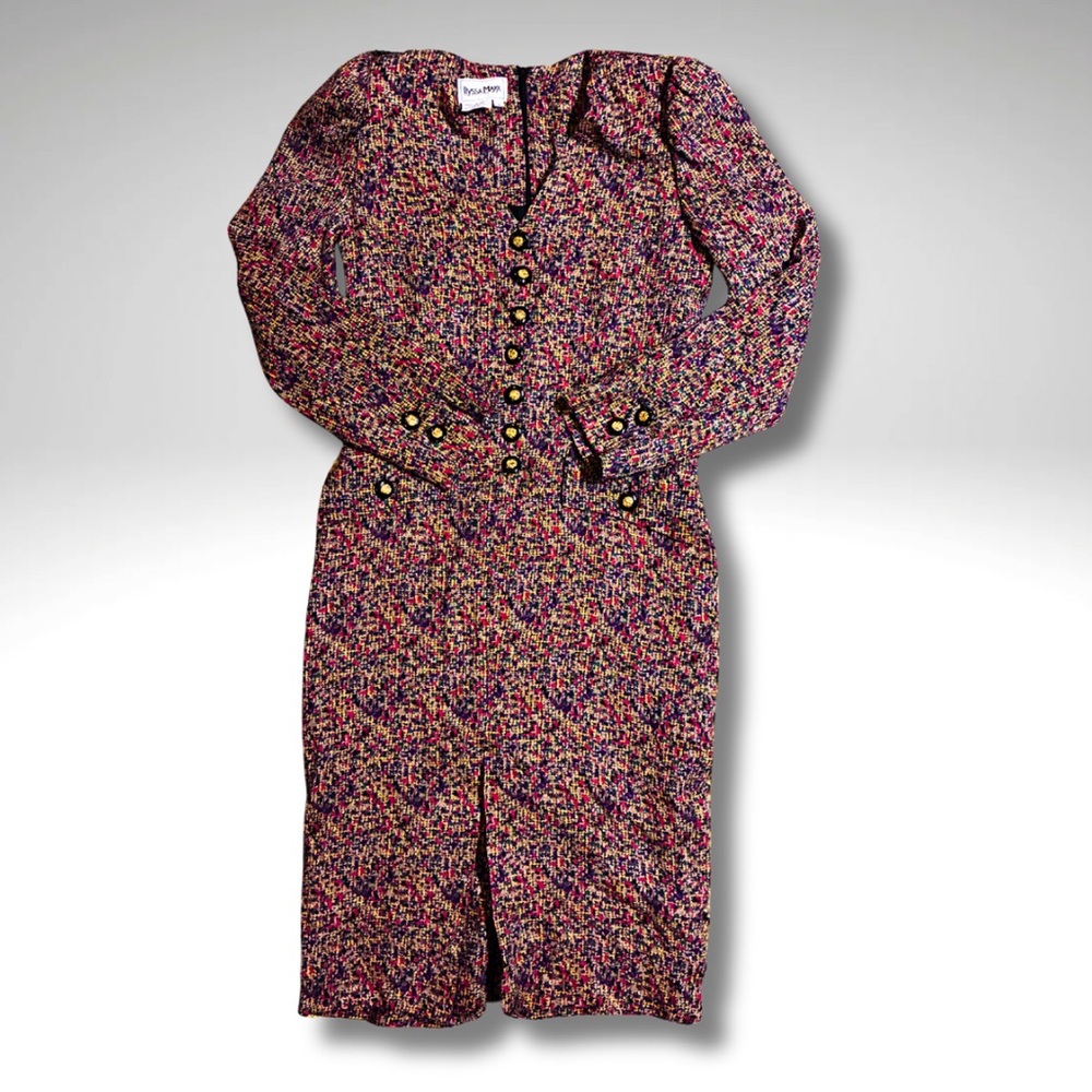 VTG 100% Silk Jewel Tone Confetti Print Button Front Tailored Dress Small